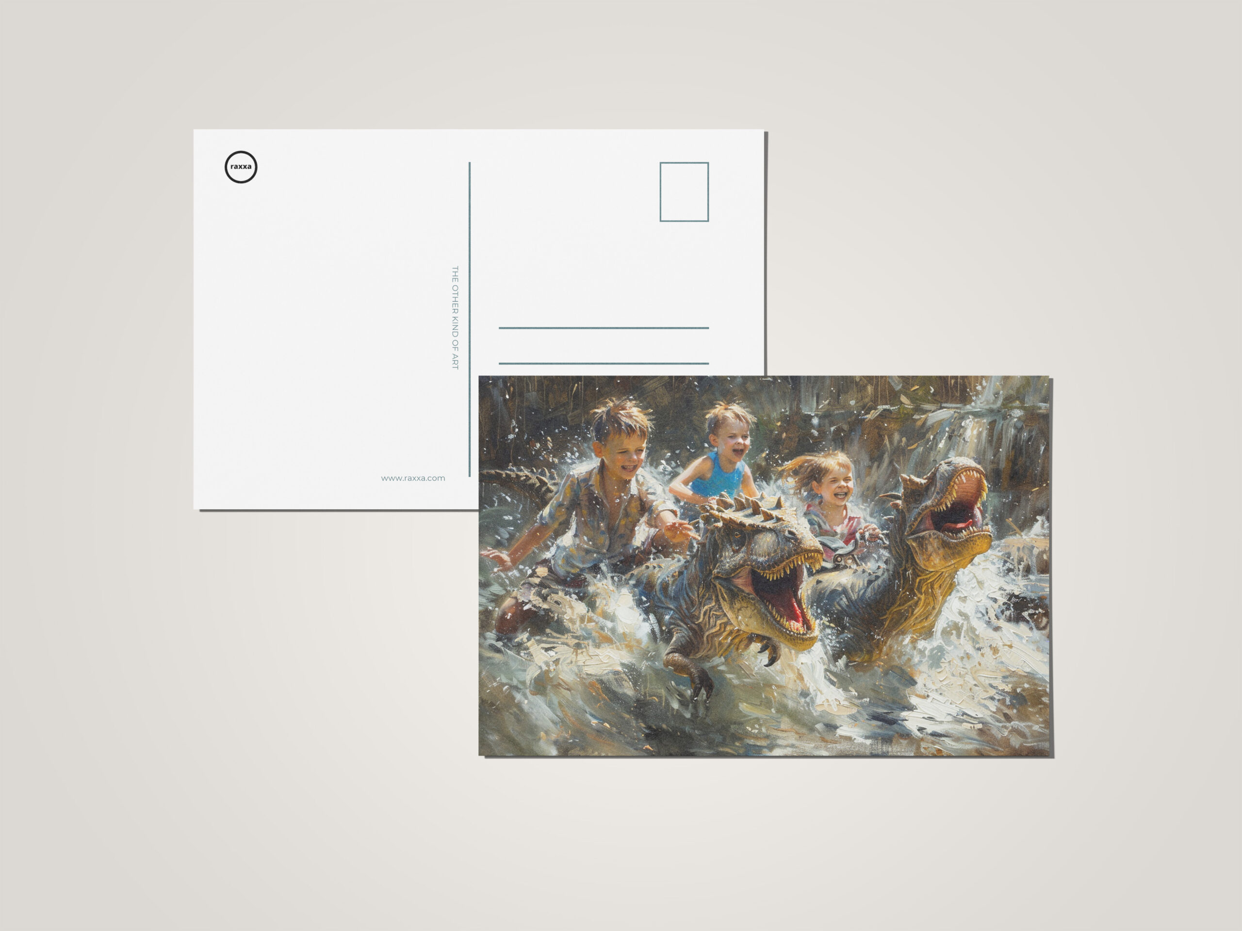 raxxa Postkarte: Kinder und Dinosaurier spielen im Wasser