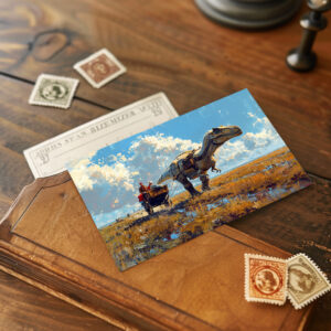 raxxa Postkarte: Dinosaurier zieht eine Kutsche