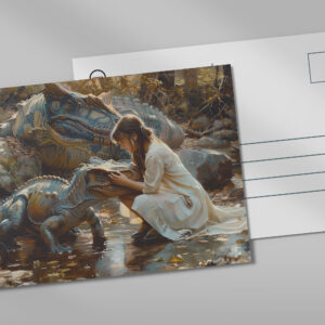 raxxa Postkarte: Mädchen mit Dinosaurier Jungtier und Mutter