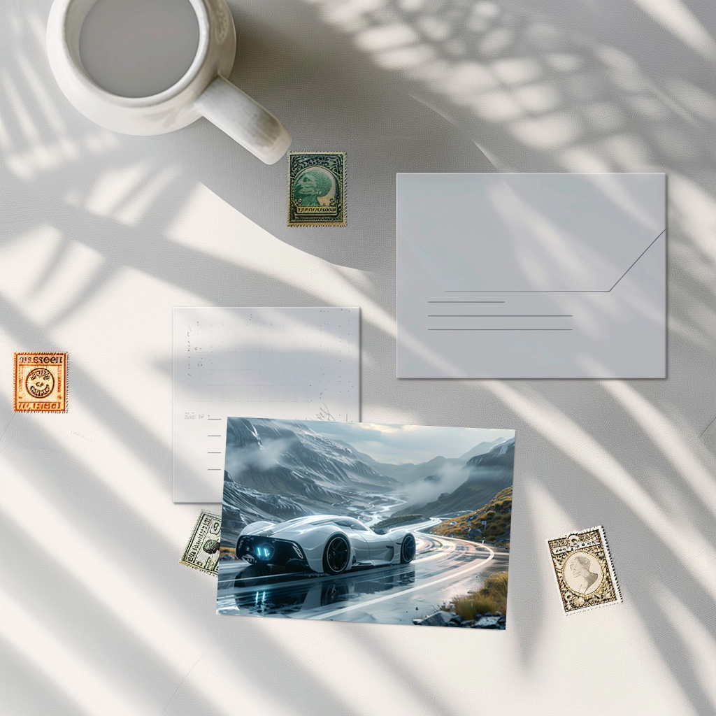 raxxa Postkarte: Hypermoderner Sportwagen in den Bergen