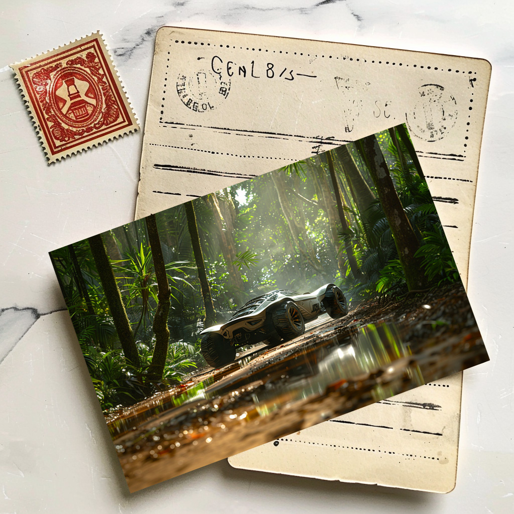 raxxa Postkarte: Futuristisches Geländefahrzeug im Dschungel