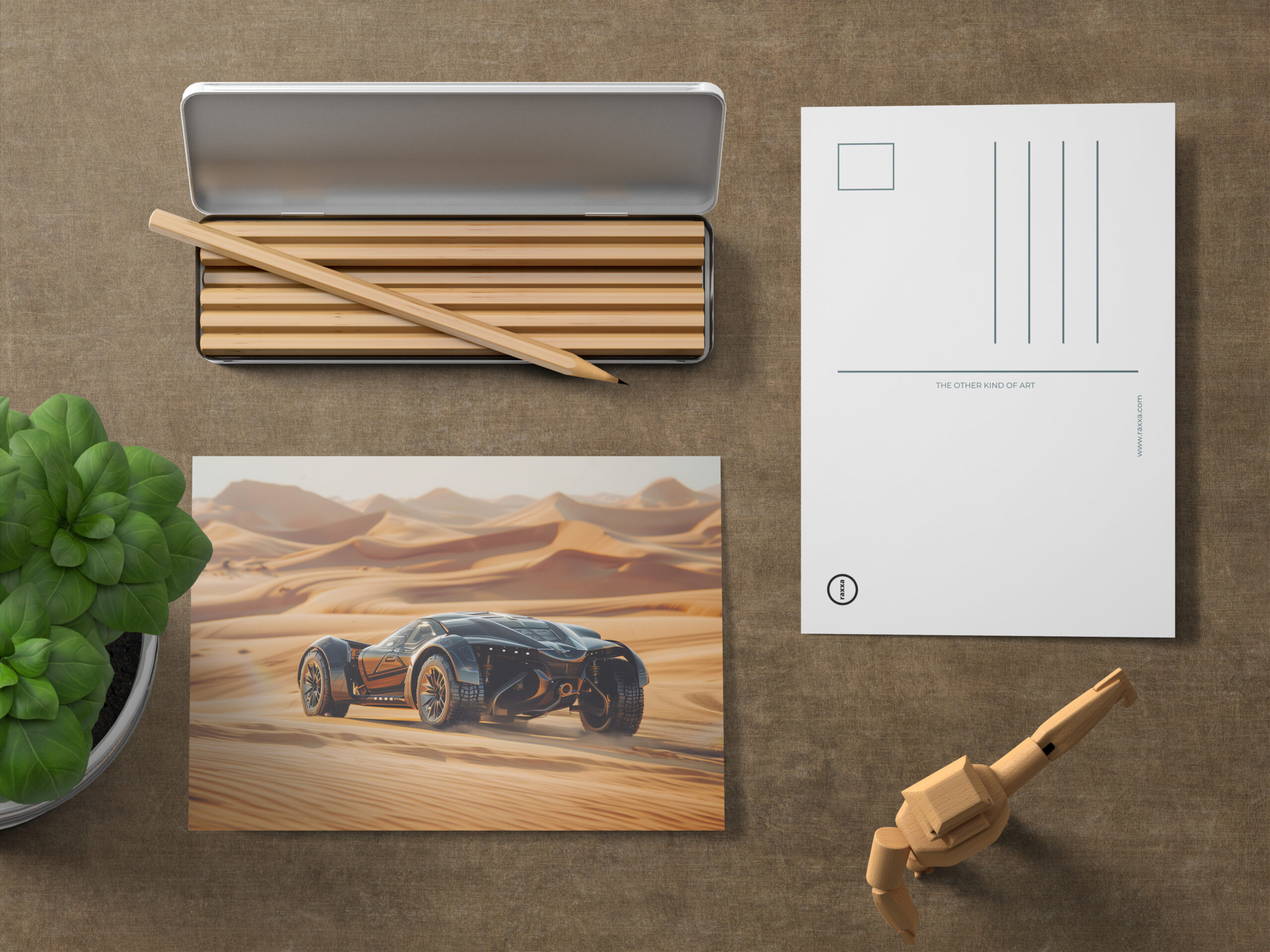 raxxa Postkarte: Futuristisches Fahrzeug in der Wüste