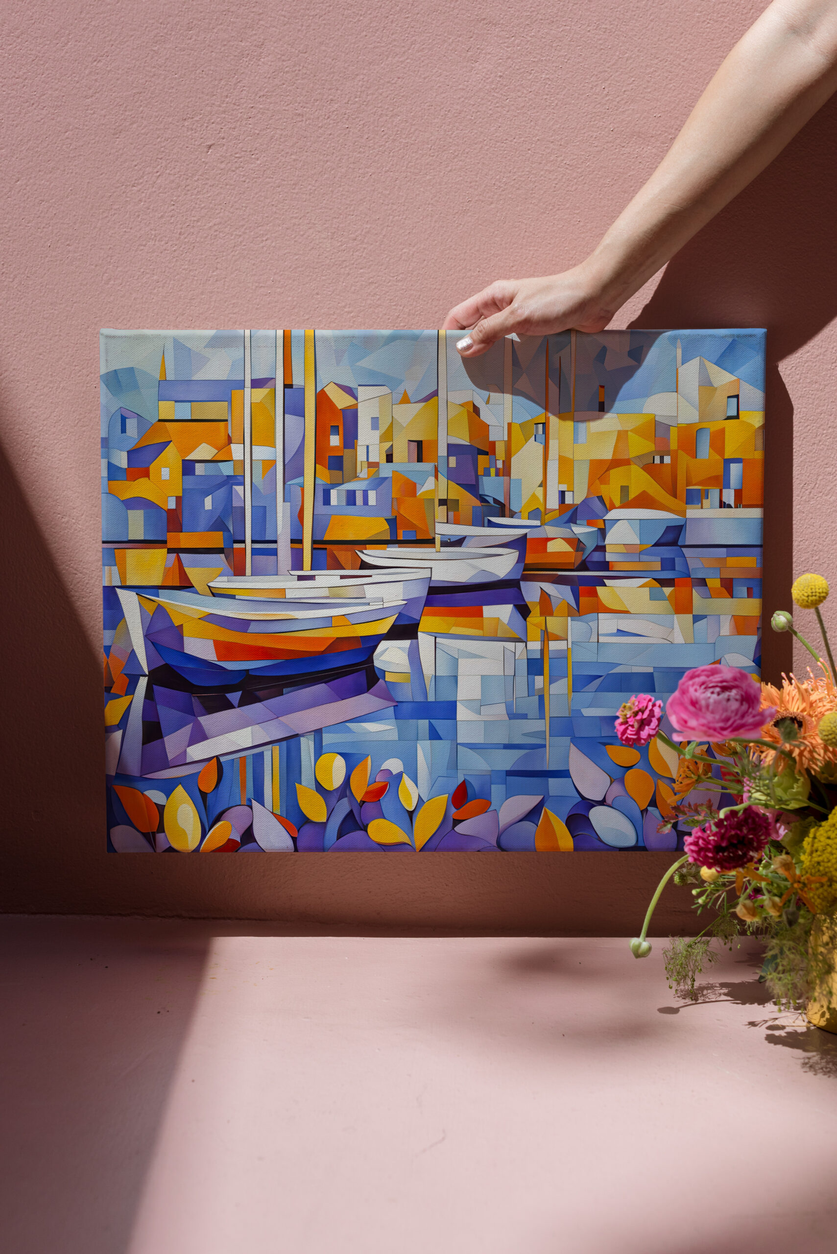 raxxa Canva: Cubist Marina with Boats and Reflections