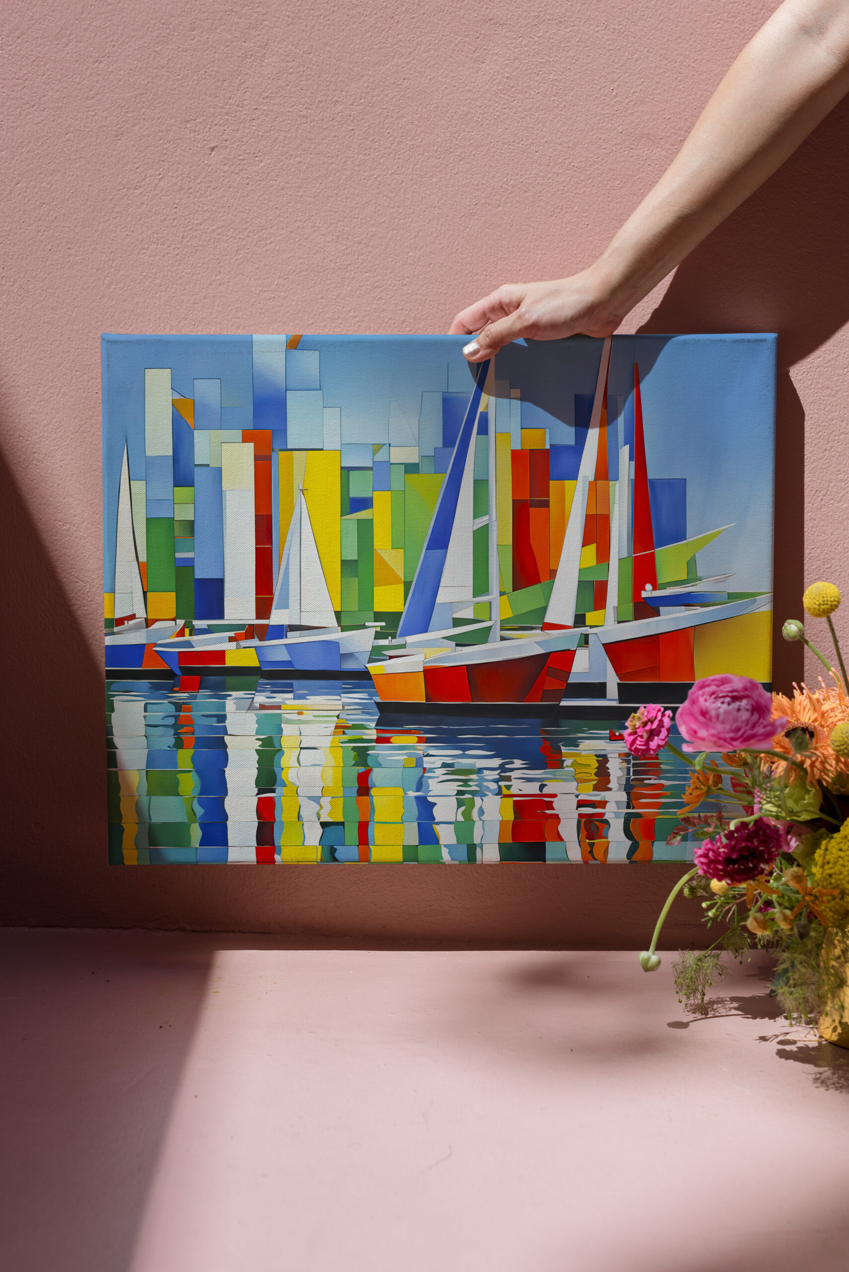 raxxa Canva: Cubist Sailboats in Colorful Harbor
