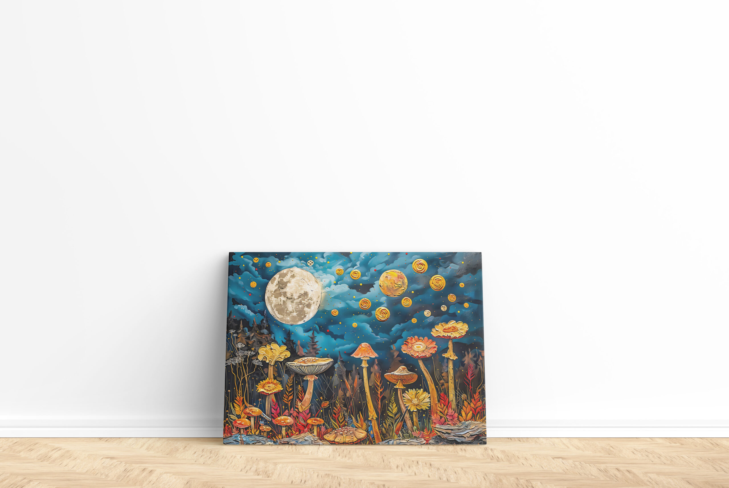 raxxa Canva: Abstract watercolor illustration of full moon over meadow with mushrooms – Image 2