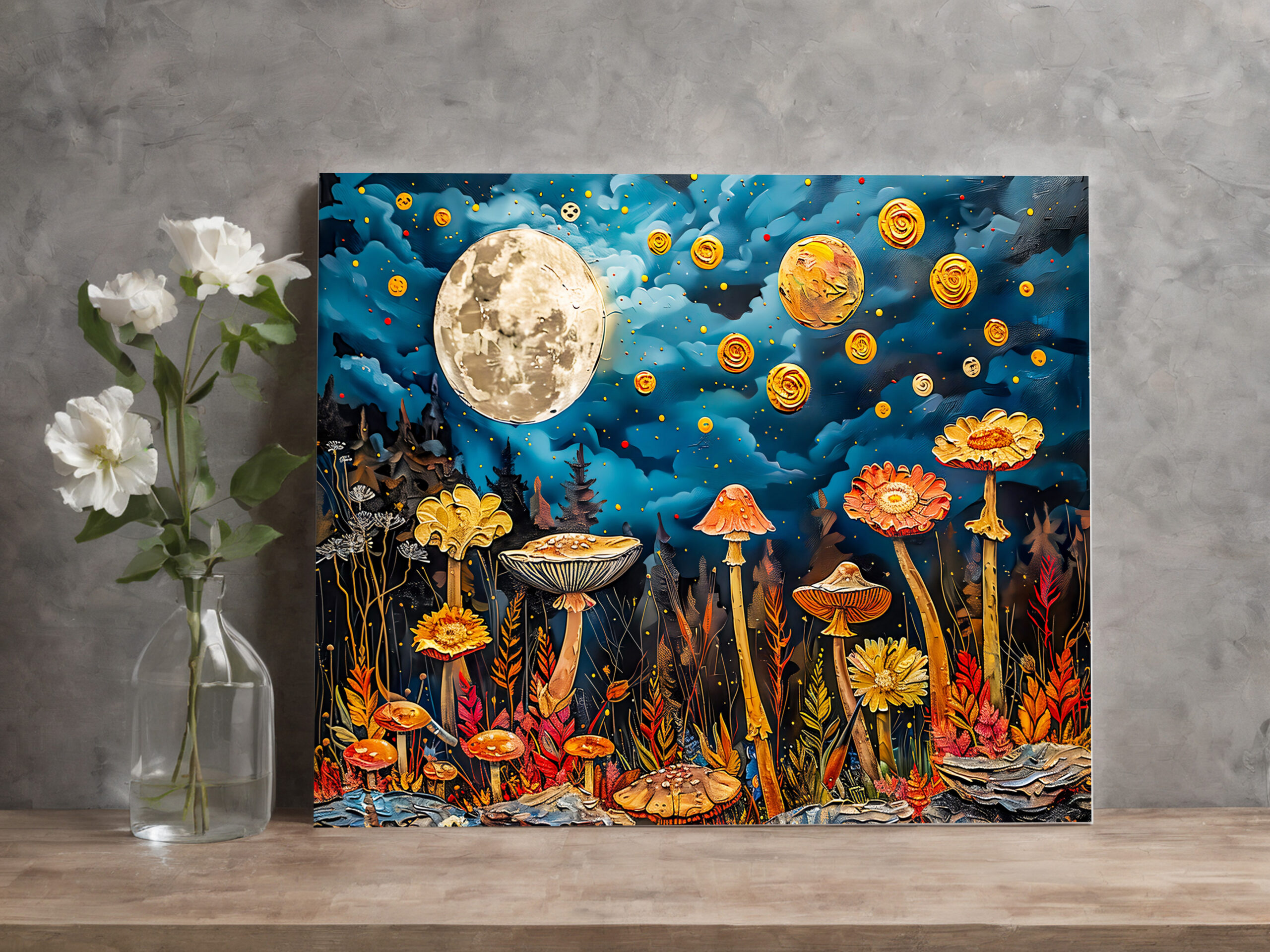raxxa Canva: Abstract watercolor illustration of full moon over meadow with mushrooms – Image 3