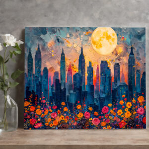 raxxa Canva: Abstract watercolor illustration of full moon over city skyline