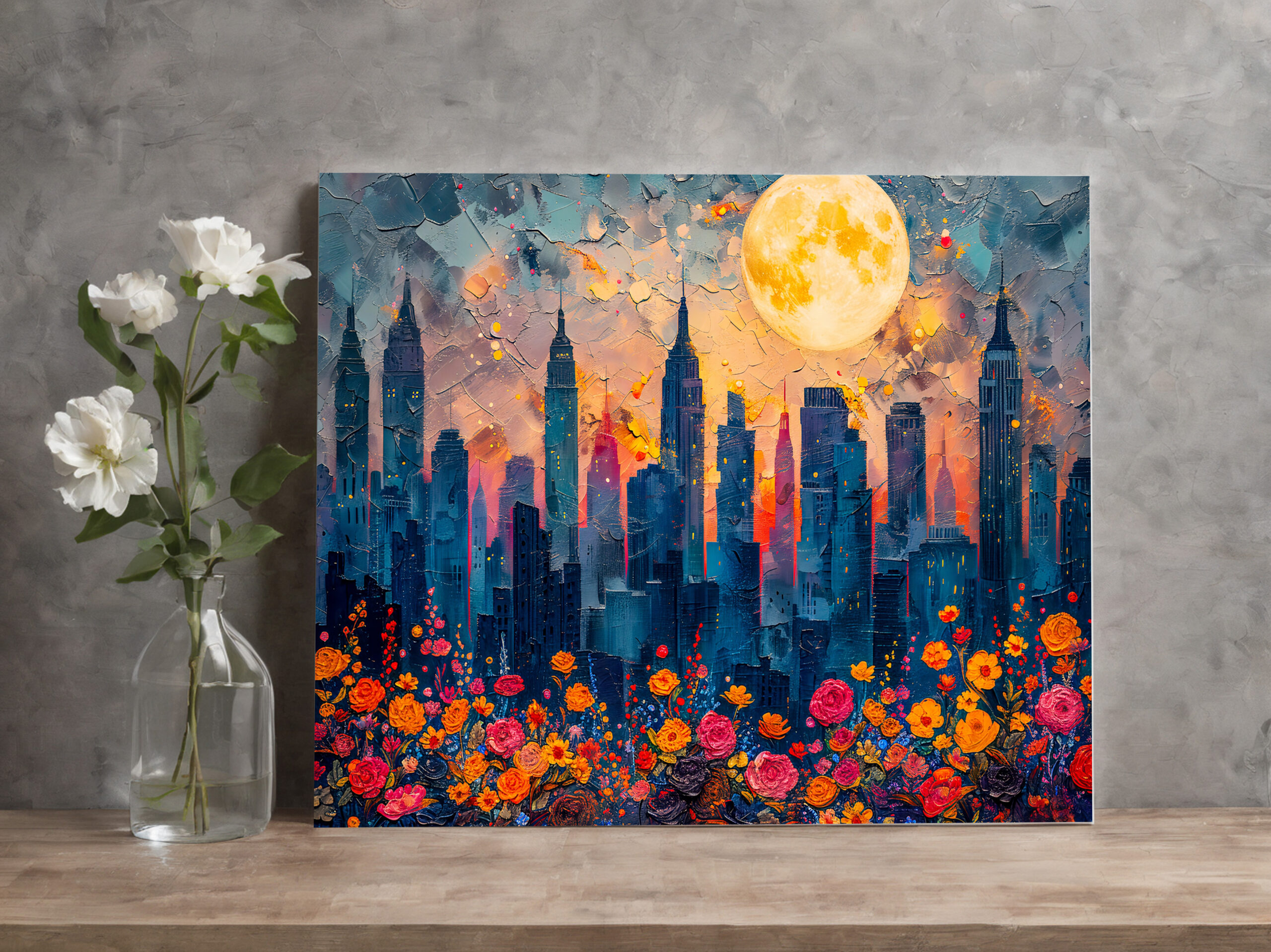 raxxa Canva: Abstract watercolor illustration of full moon over city skyline