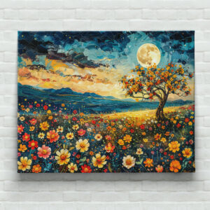 raxxa Canva: Abstract watercolor illustration of full moon over wildflower meadow