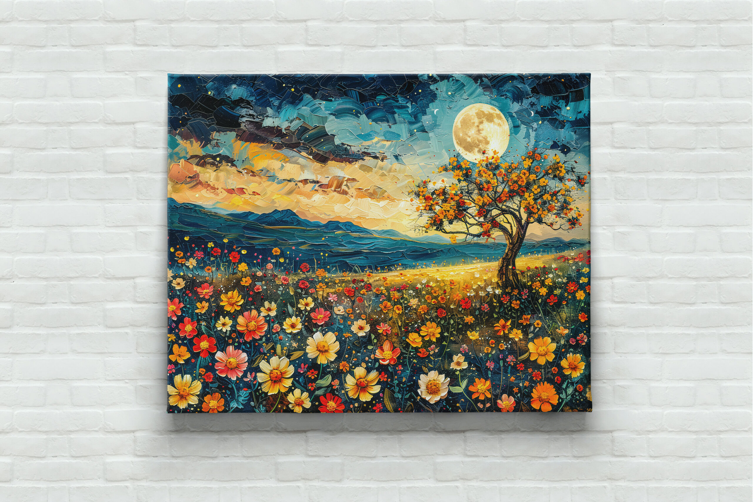 raxxa Canva: Abstract watercolor illustration of full moon over wildflower meadow