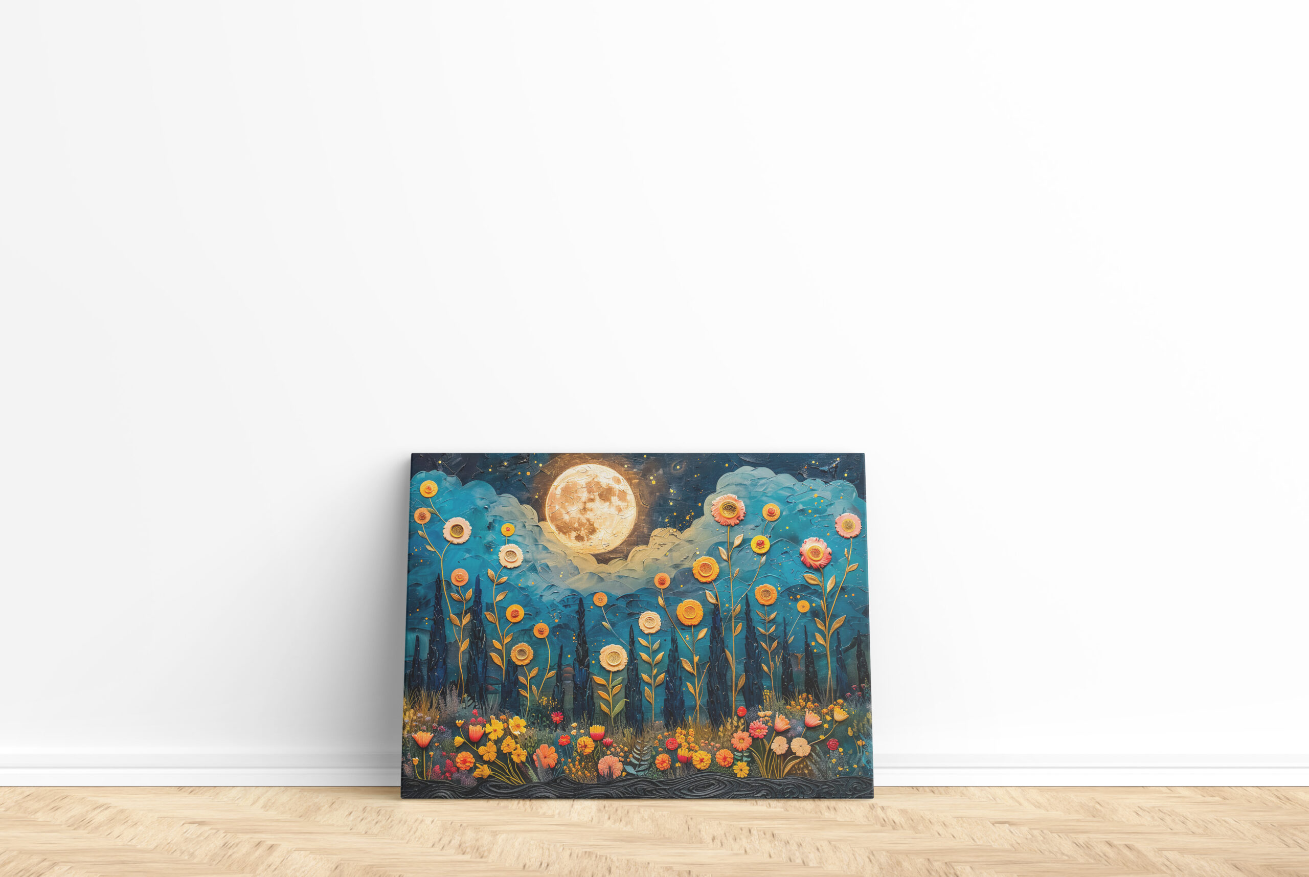 raxxa Canva: Abstract watercolor illustration of full moon and clouds over forest with glowing flowers – Bild 2