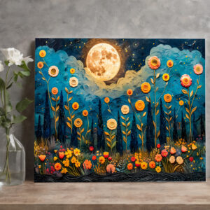raxxa Canva: Abstract watercolor illustration of full moon and clouds over forest with glowing flowers