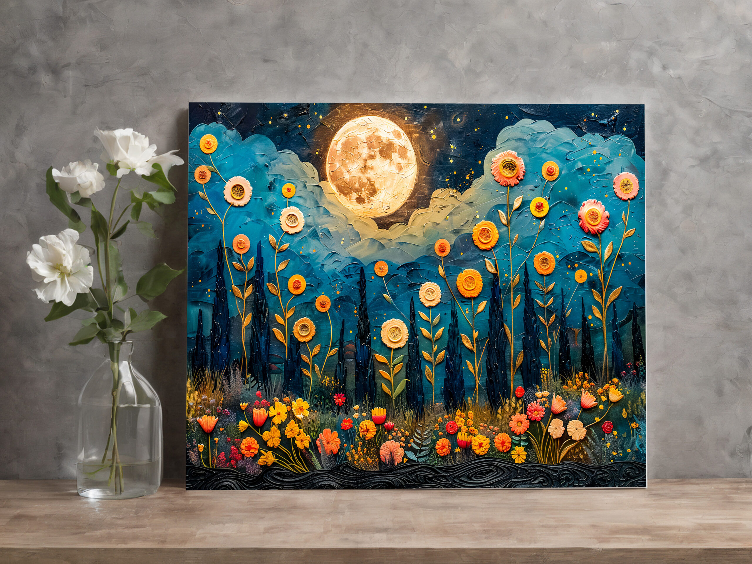 raxxa Canva: Abstract watercolor illustration of full moon and clouds over forest with glowing flowers