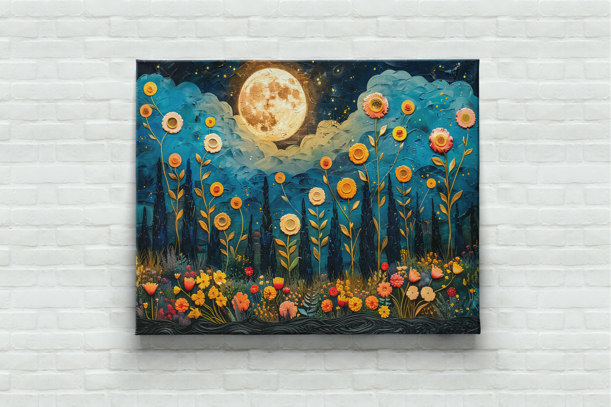 raxxa Canva: Abstract watercolor illustration of full moon and clouds over forest with glowing flowers – Bild 3