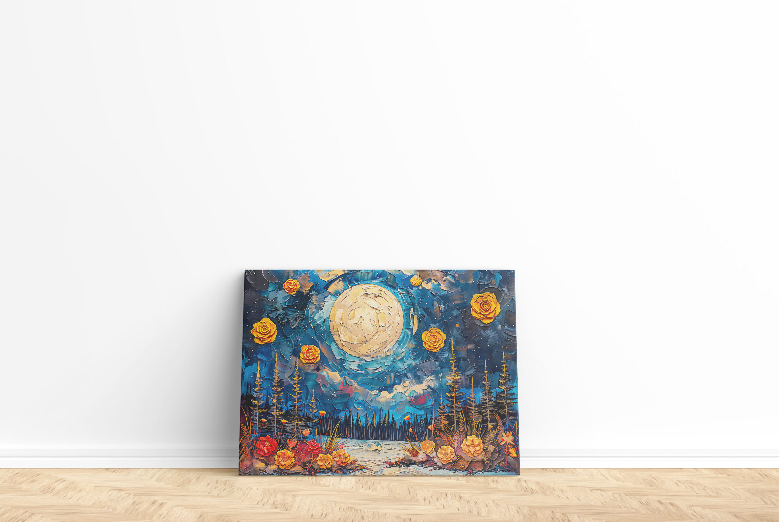raxxa Canva: Abstract watercolor illustration of full moon over forest and lake – Bild 2