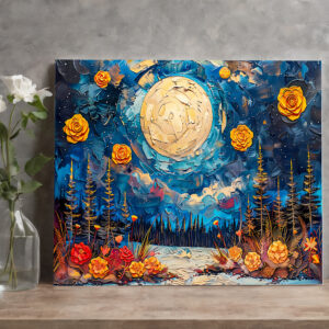raxxa Canva: Abstract watercolor illustration of full moon over forest and lake