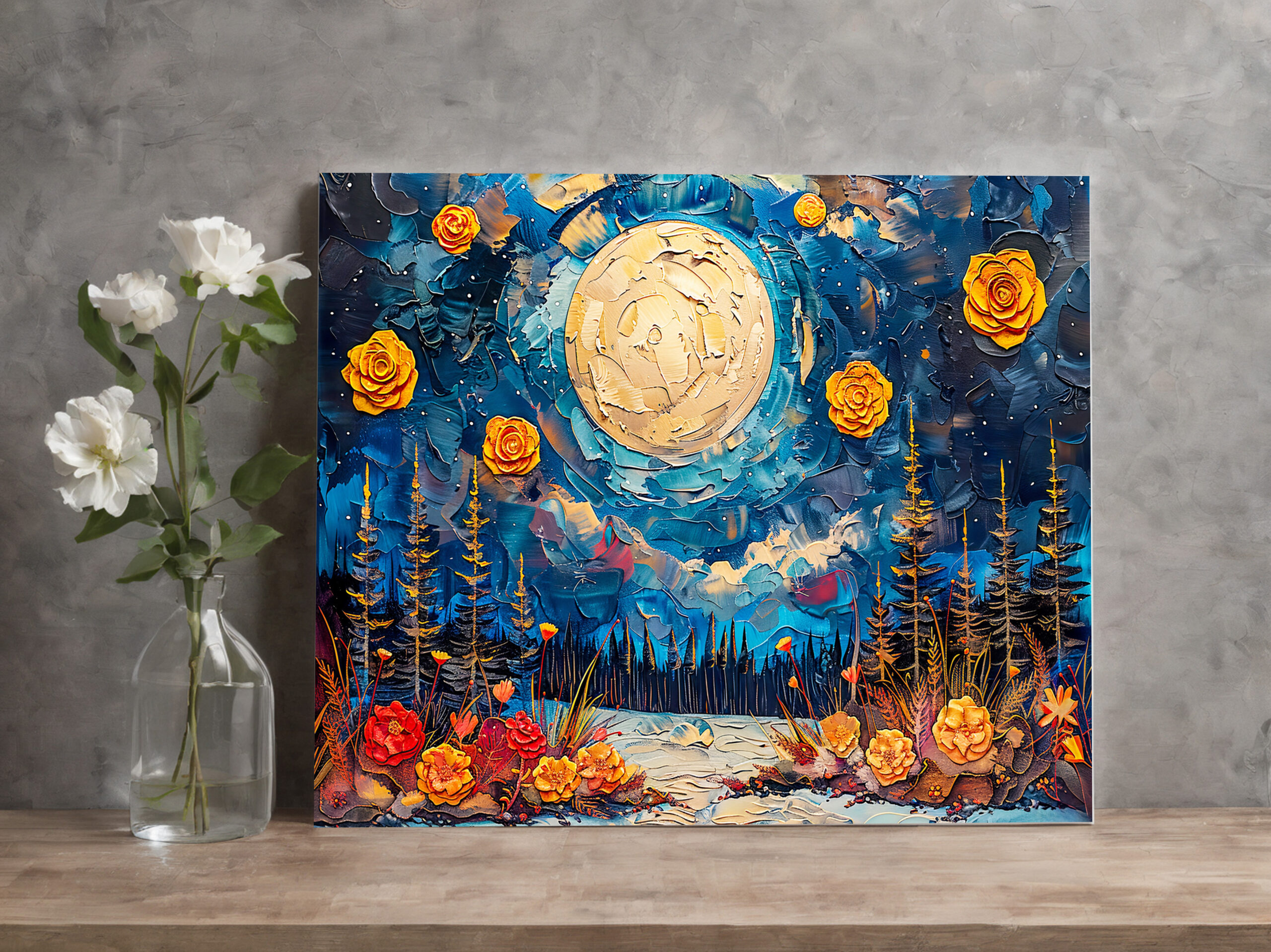 raxxa Canva: Abstract watercolor illustration of full moon over forest and lake