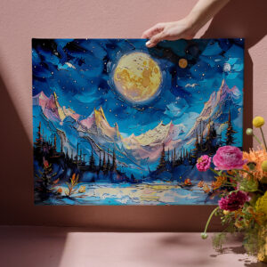 raxxa Canva: Abstract watercolor illustration of full moon over snowy mountains
