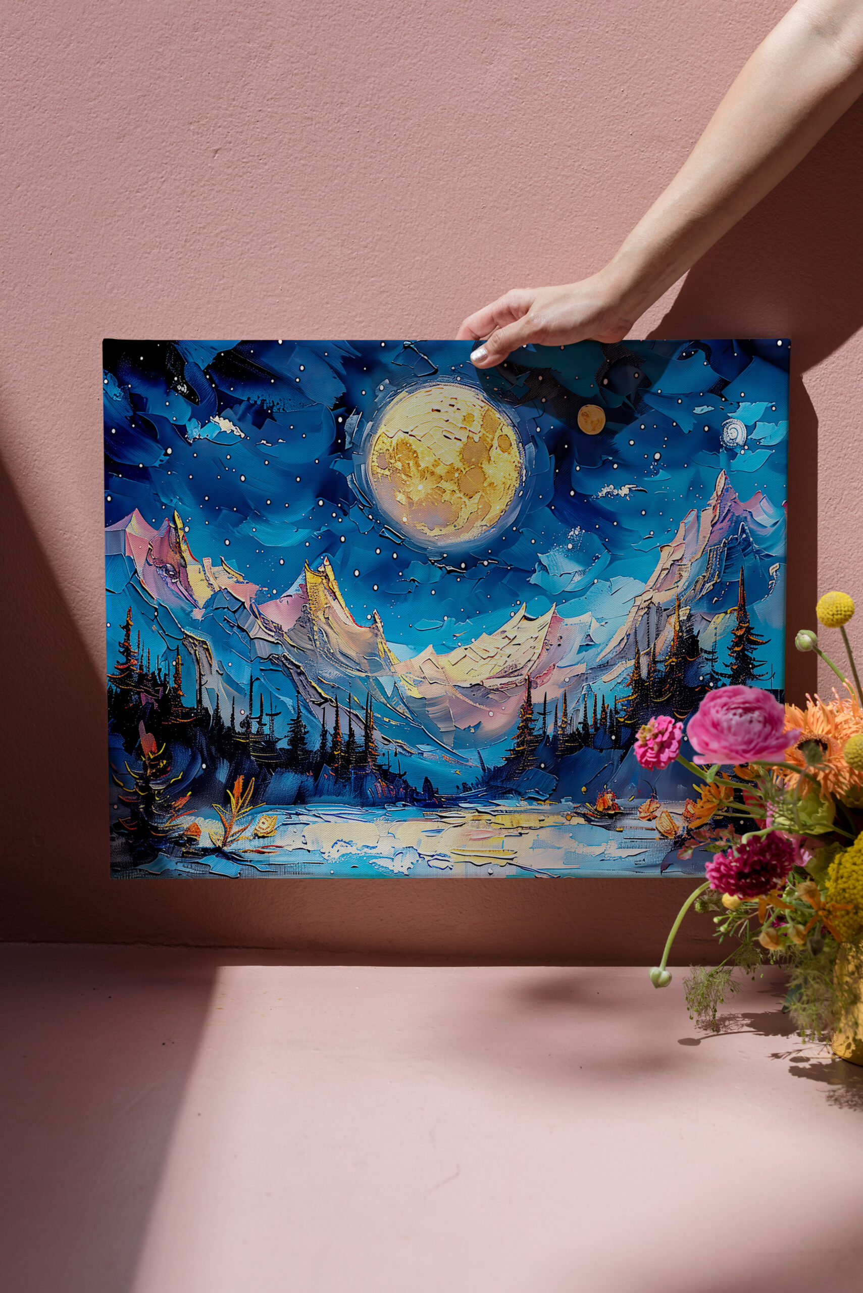 raxxa Canva: Abstract watercolor illustration of full moon over snowy mountains