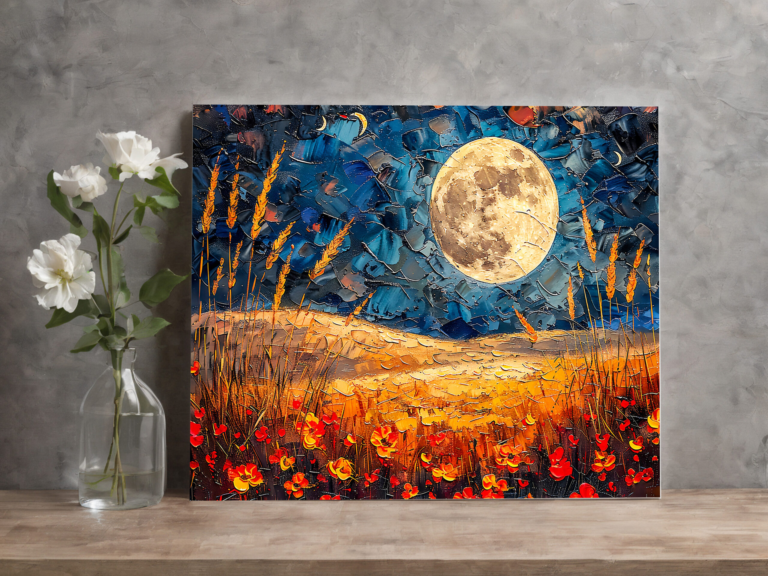 raxxa Canva: Abstract watercolor illustration of full moon over grassy field