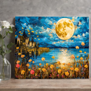 raxxa Canva: Abstract watercolor illustration of full moon reflection in lake