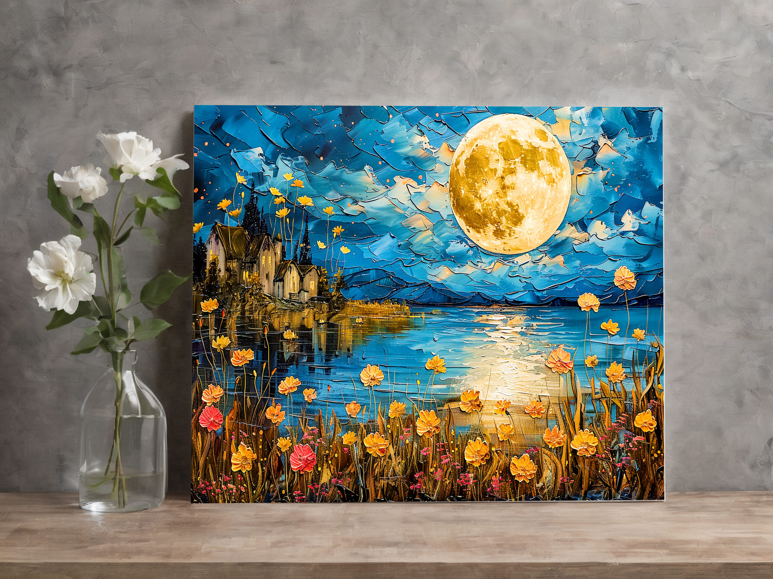 raxxa Canva: Abstract watercolor illustration of full moon reflection in lake
