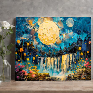 raxxa Canva: Abstract watercolor illustration of full moon over waterfall