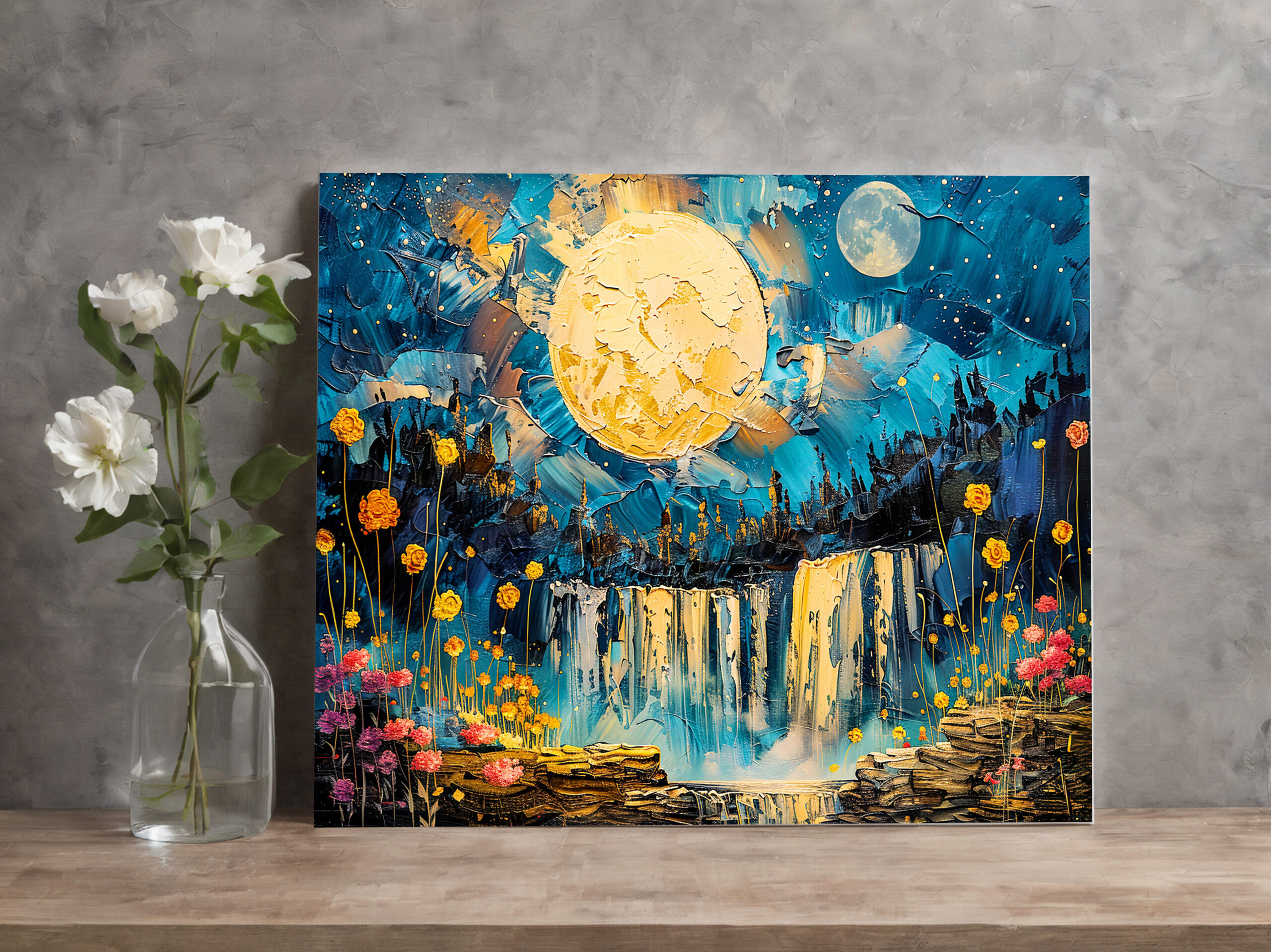 raxxa Canva: Abstract watercolor illustration of full moon over waterfall