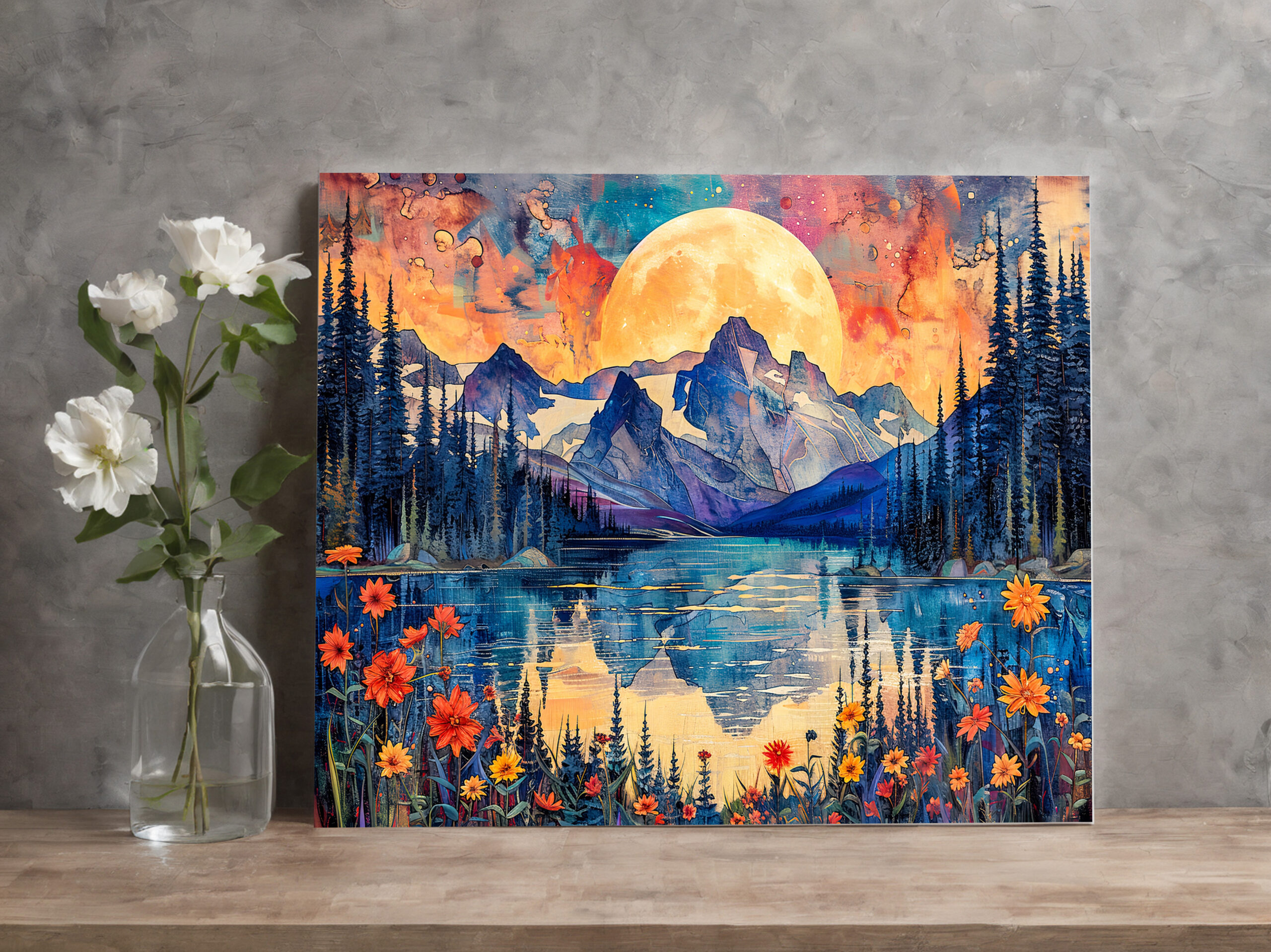 raxxa Canva: Abstract watercolor illustration of full moon over snowy mountains and lake