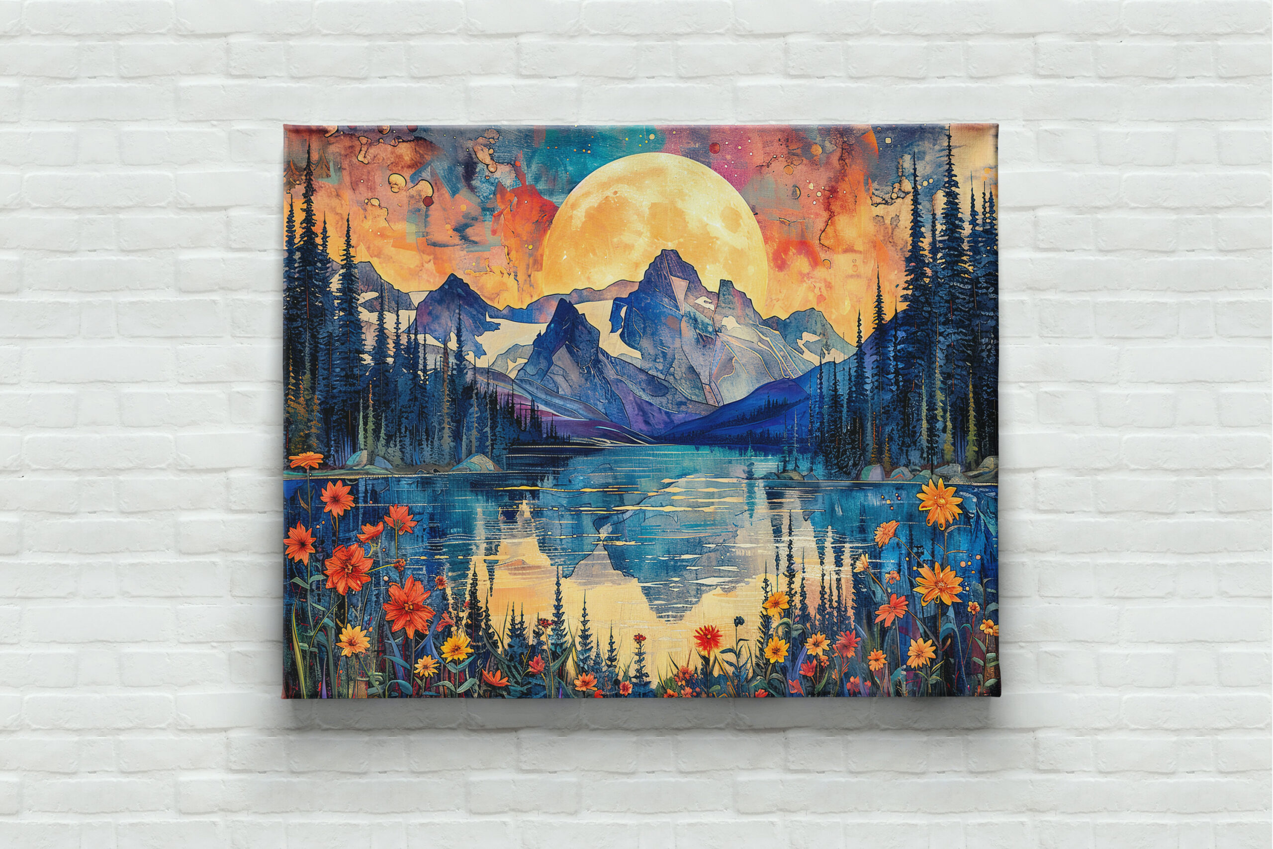 raxxa Canva: Abstract watercolor illustration of full moon over snowy mountains and lake – Bild 3