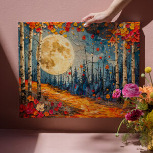 raxxa Canva: Abstract watercolor illustration of full moon over autumn forest