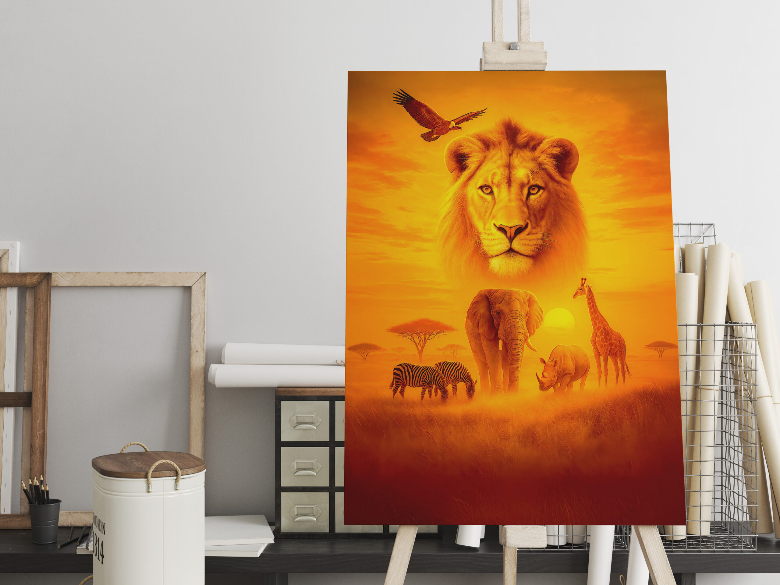 raxxa Canva: Double Exposure African Wildlife Scene with Lion and Elephants