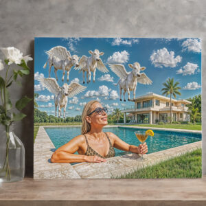 raxxa Canva: Rich Woman Watches Flying Cows from Pool