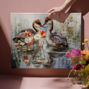 raxxa Canva: Two grebes among white pond plants