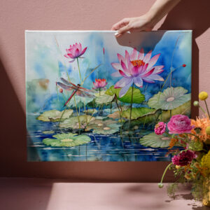 raxxa Canva: Dragonfly flying through pink water lilies