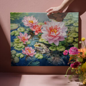 raxxa Canva: Frog sitting among blooming water lilies