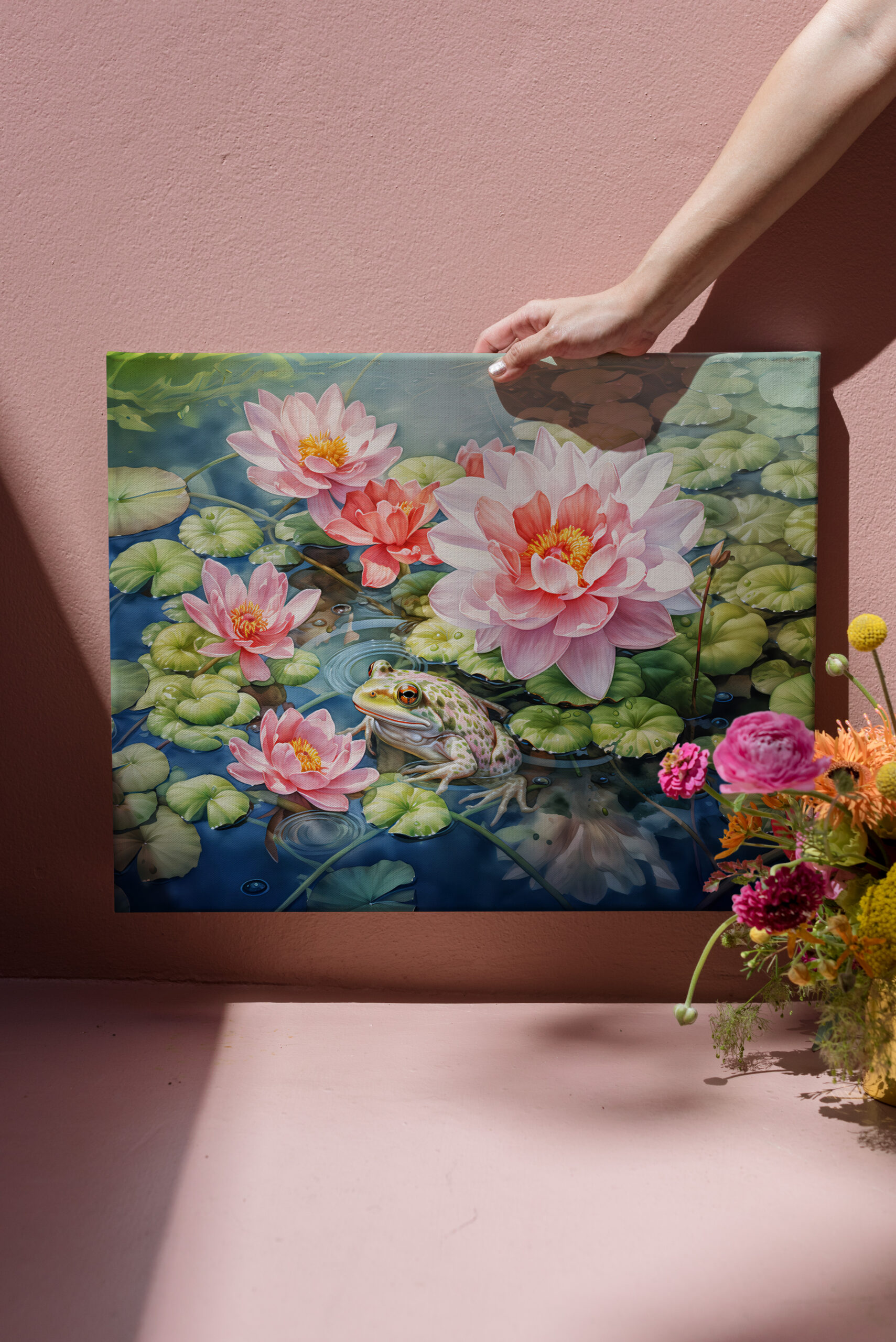 raxxa Canva: Frog sitting among blooming water lilies