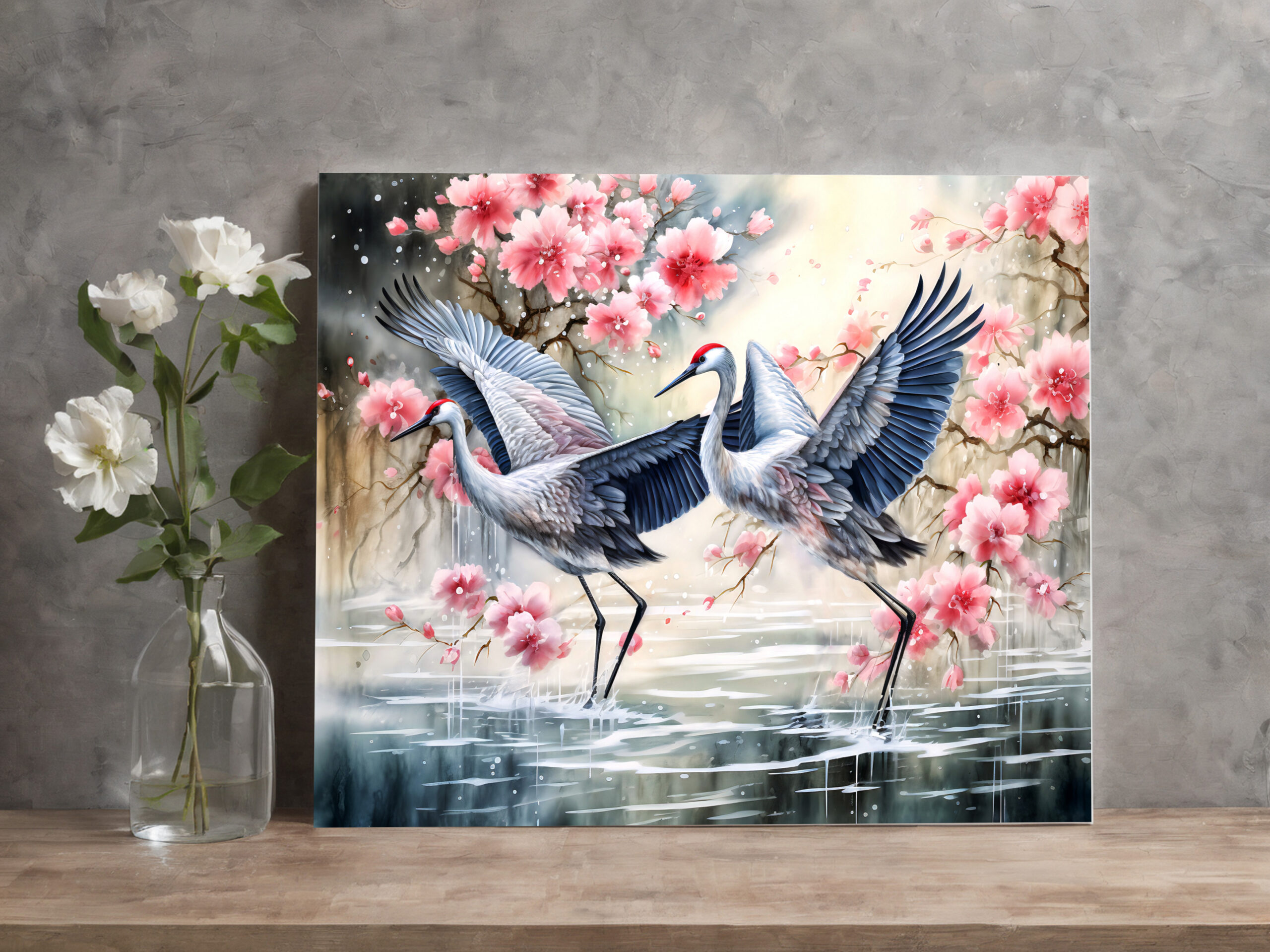 raxxa Canva: Cranes in water with floral reflections - immagine 2