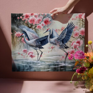 raxxa Canva: Cranes in water with floral reflections