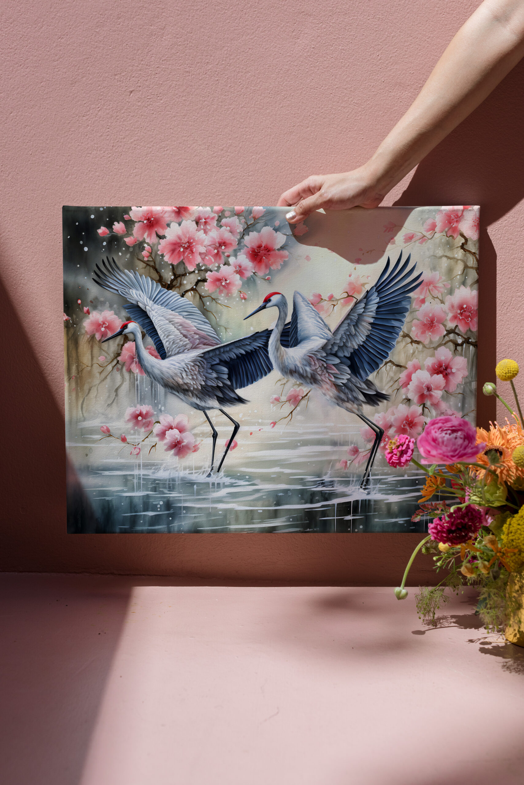 raxxa Canva: Cranes in water with floral reflections