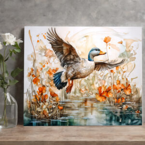 raxxa Canva: Mallard flying above pond with flowers