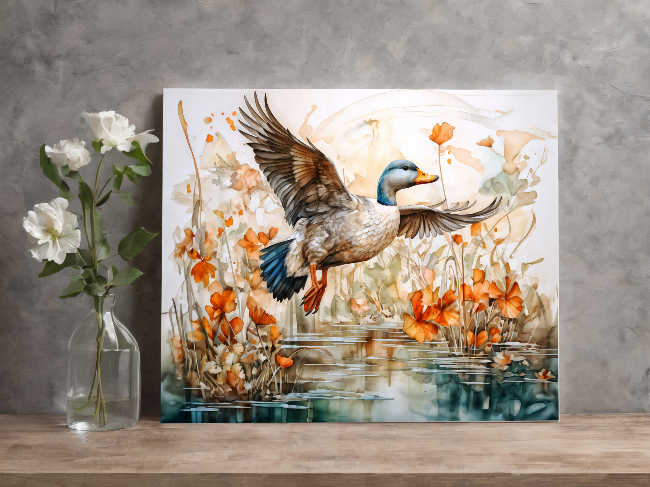 raxxa Canva: Mallard flying above pond with flowers