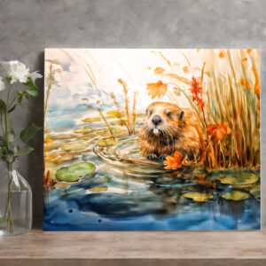 raxxa Canva: Beaver sitting by pond among reeds