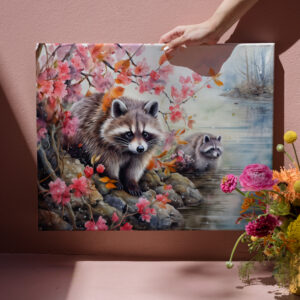 raxxa Canva: Raccoons  near autumn pond scene