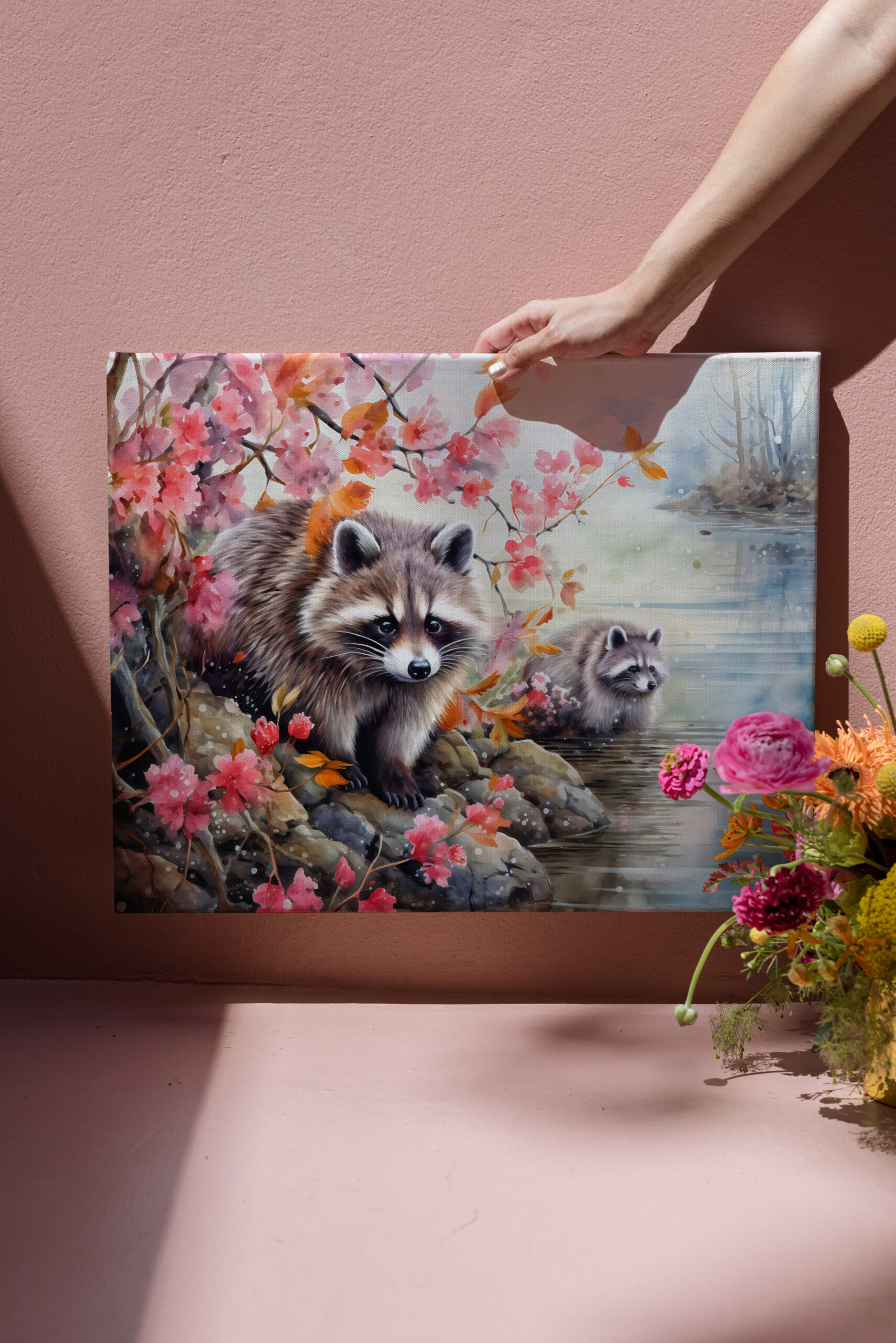 raxxa Canva: Raccoons near autumn pond scene