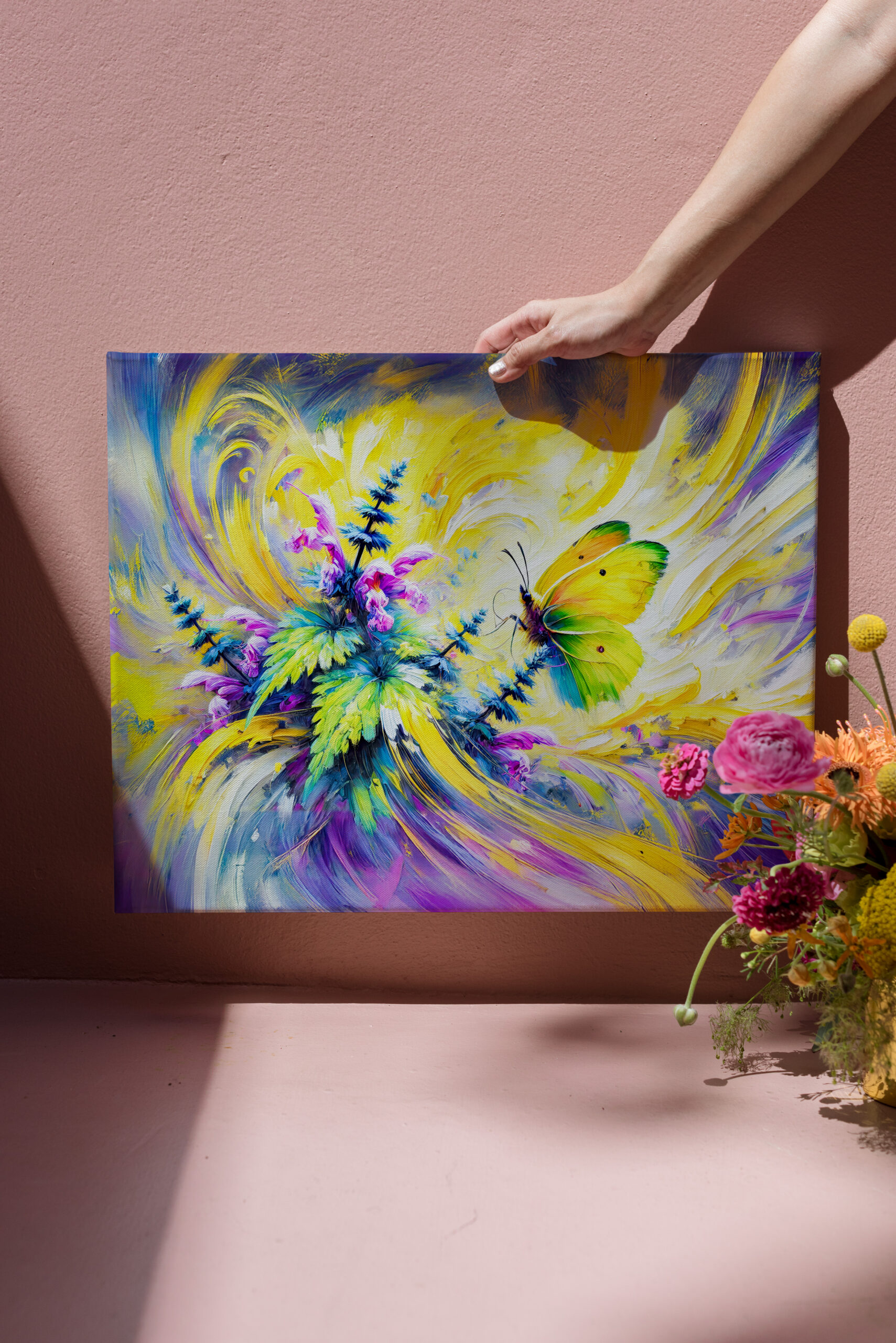 raxxa Canva: Brimstone Butterfly with Dead Nettle Flowers in Oil Painting