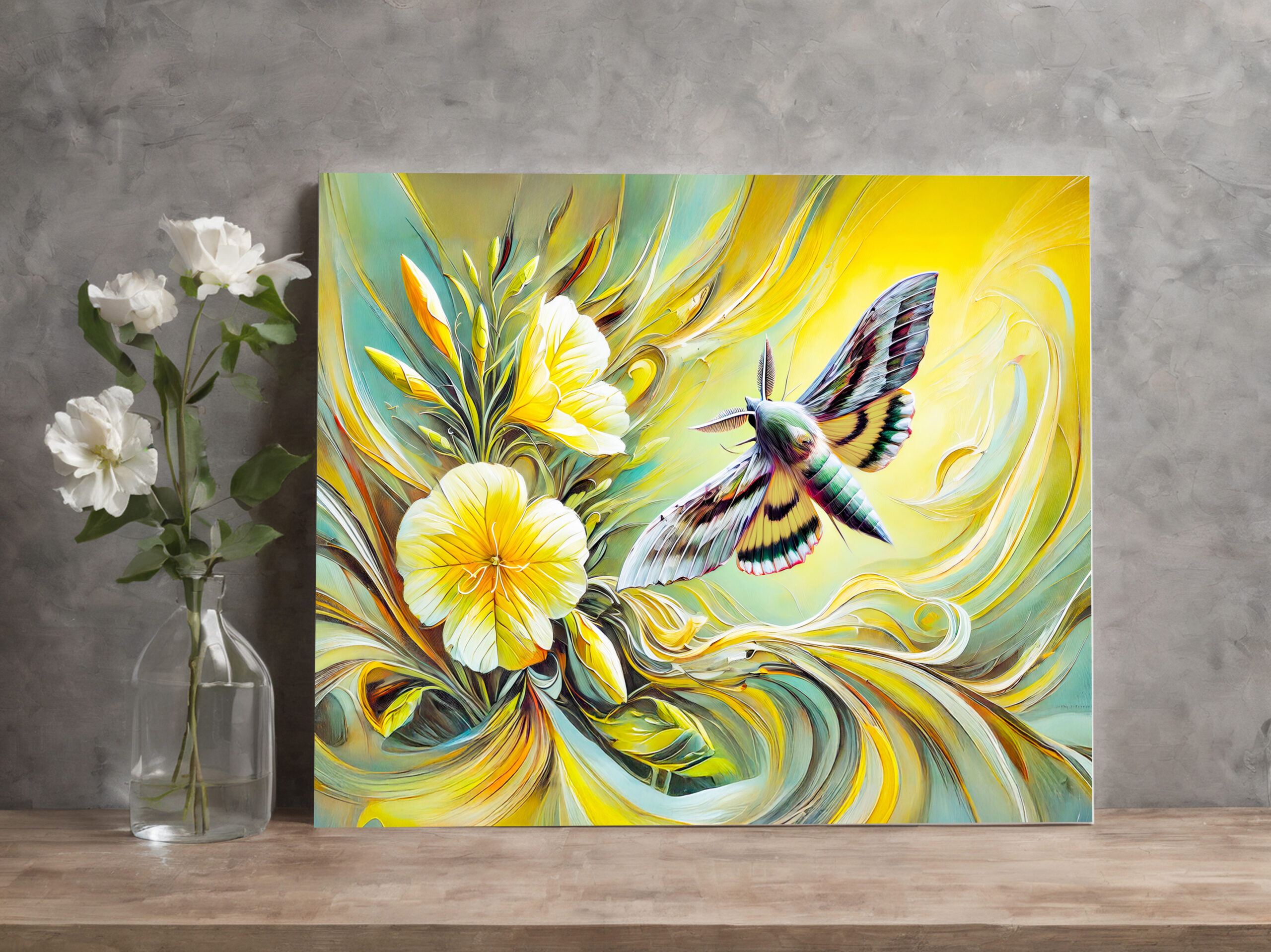 raxxa Canva: Silver Y Moth with Evening Primrose in Oil Painting