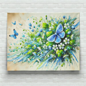 raxxa Canva: Blue Butterfly with Forget-Me-Not Flowers in Oil Painting
