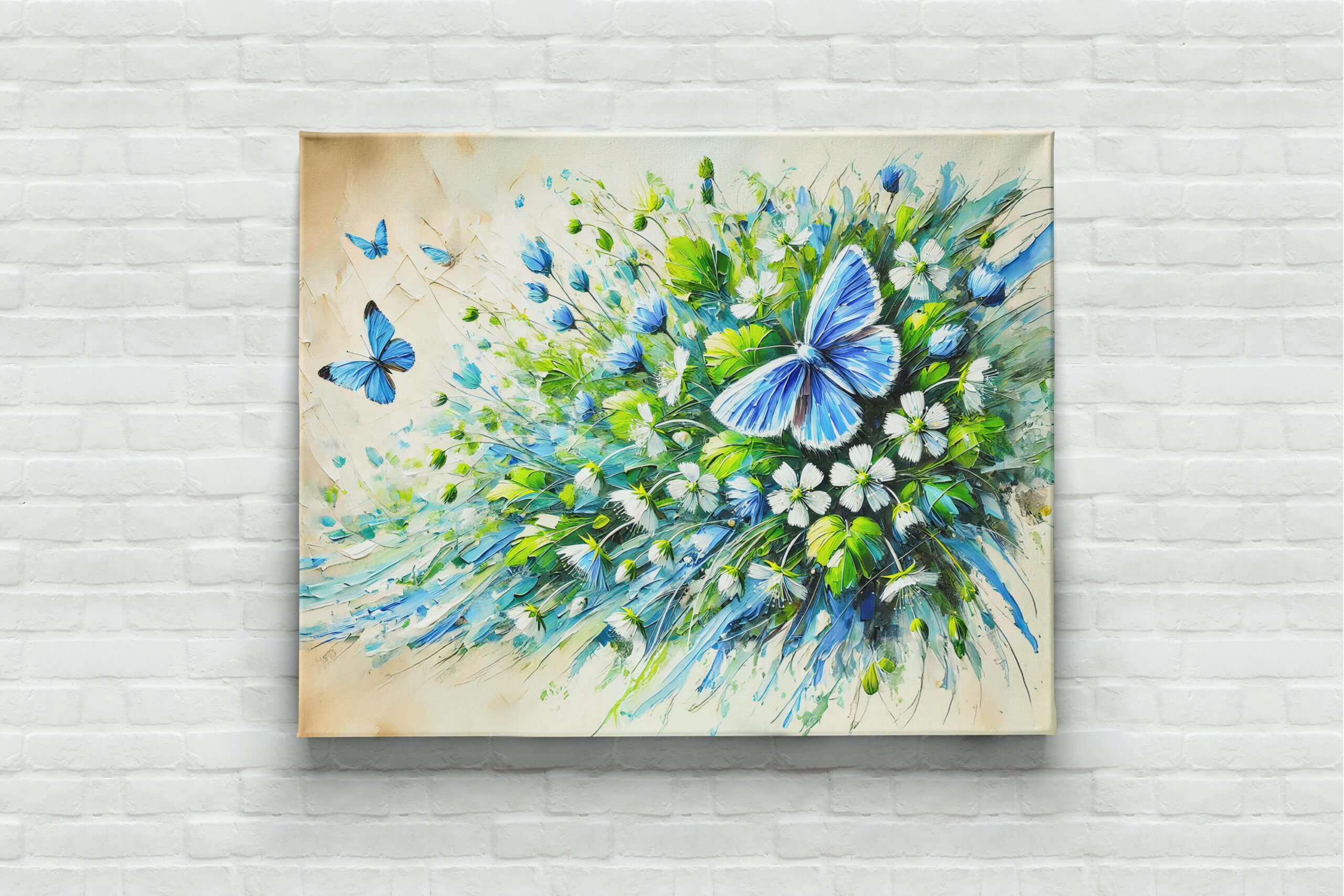 raxxa Canva: Blue Butterfly with Forget-Me-Not Flowers in Oil Painting