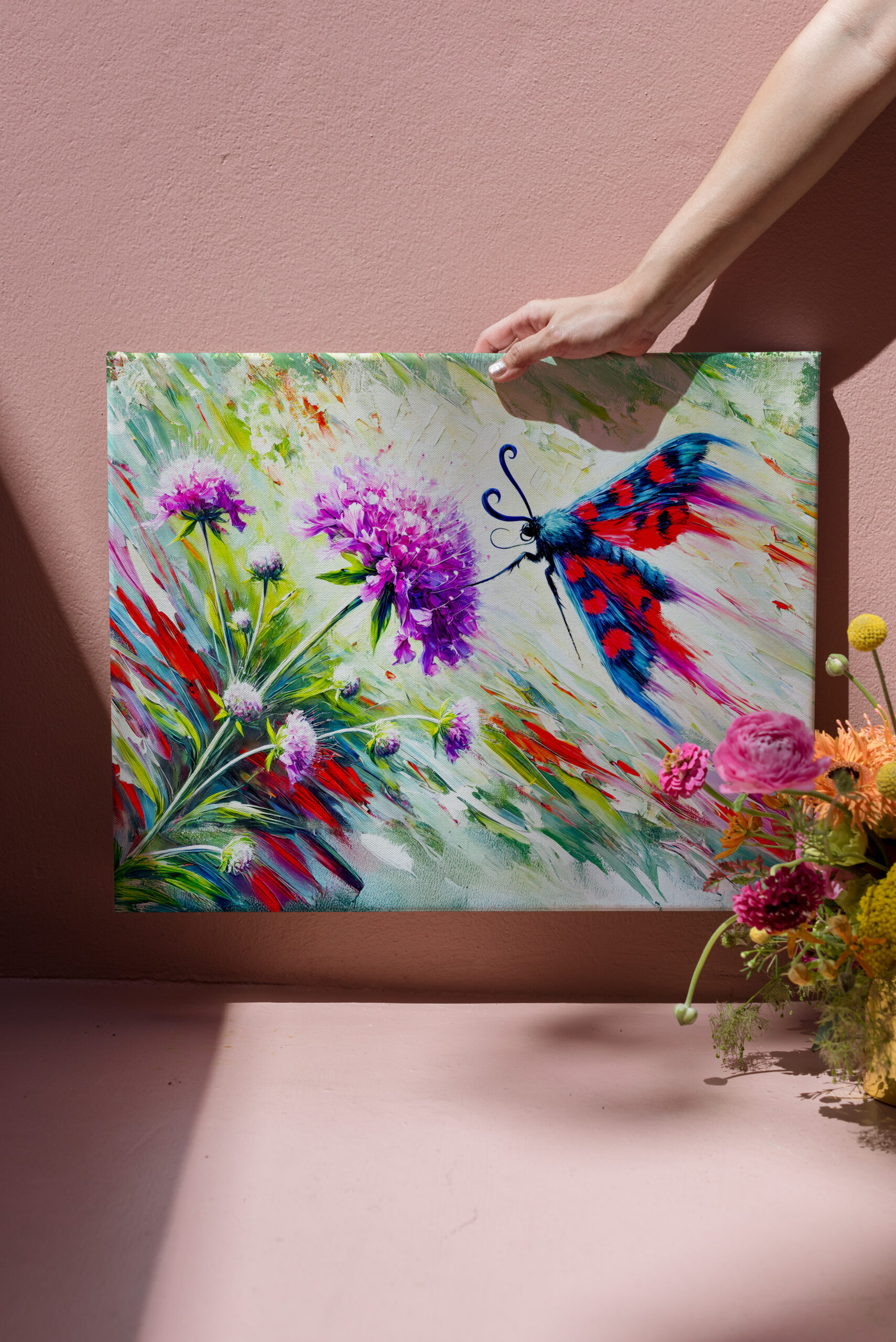 raxxa Canva: Six-Spot Burnet Moth on Scabious in Oil Painting - Imagen 3